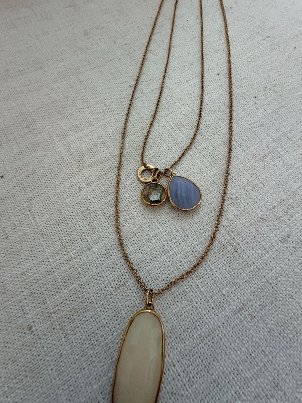 Stella & Dot Layered Gold Tone Statement Necklace Blue & Ivory Stones